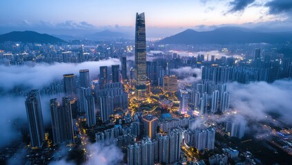 Fototapeta premium A Stunning Aerial View of Shenzhen Skyline Enveloped in Morning Mist