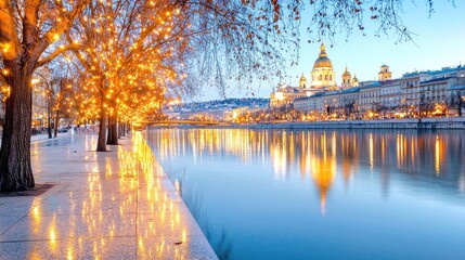 Festive Danube River promenade, city lights reflecting, church backdrop, winter evening