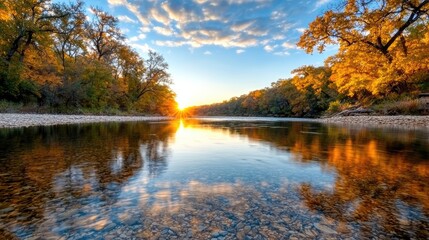 Autumn sunset over calm river, colorful trees reflected in water, peaceful nature scene, ideal for travel brochures