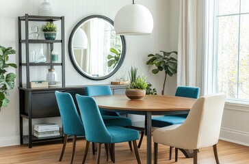 A modern dining room with wooden paneling, blue chairs around an oak table, and wall shelves filled with plants.