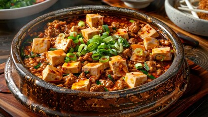 Spicy Tofu Dish with Minced Meat and Green Onions in Traditional Clay Pot Vibrant and Appetizing Presentation of Rich Textures and Colors