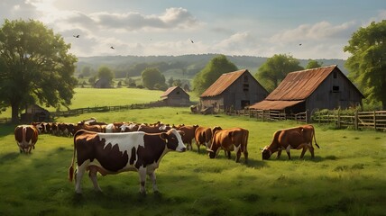 Large, Picturesque Cow Farm with Content Cows Roaming Freely Under Open Skies
