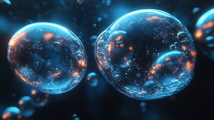Naklejka premium Iridescent bubbles floating on a dark gradient background.