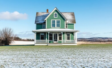 A large two-story house with green walls, white trim, and windows on the front sits in a bright blue sky