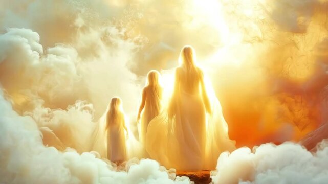Spirit soul family walking in the clouds toward golden light