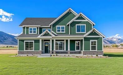 A large two-story house with green walls, white trim, and windows on the front sits in a bright blue sky