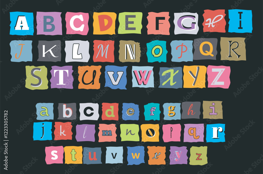Poster cut out ransom letters alphabet set in flat graphic design. collection elements of colourful typeset