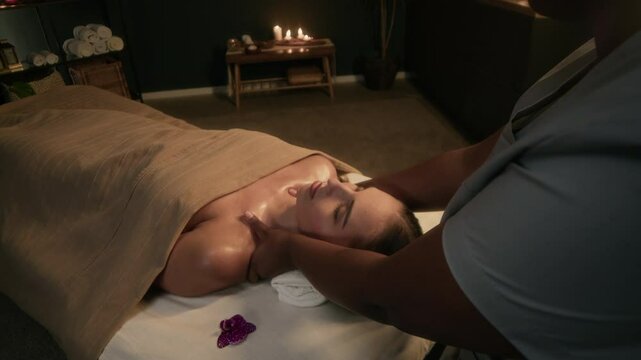 Midsection shot of unrecognisable spa therapist massaging collarbone area of female client with oil in relaxing atmosphere of wellness room