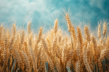 Fototapeta premium Golden wheat swaying under azure sky, representing harvest richness and landscape's serene agricultural harmony
