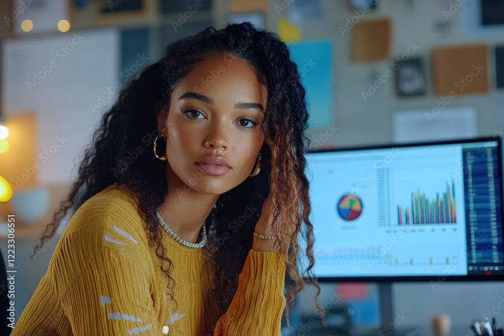 Aufkleber Professional woman analyzing data on a large monitor in a modern office setting during the daytime
