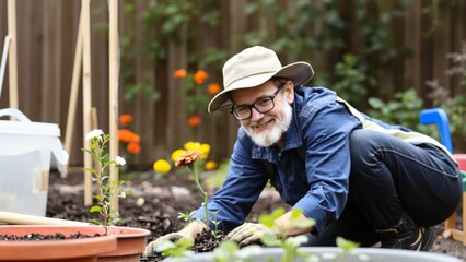 Happy Senior Man Gardening in His Backyard, Planting Flowers and Vegetables