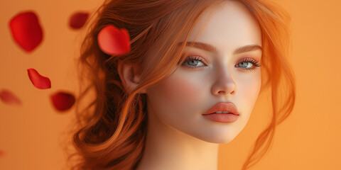 Fototapeta premium Captivating portrait of a young woman surrounded by rose petals studio setting fashion photography warm lighting emotional essence