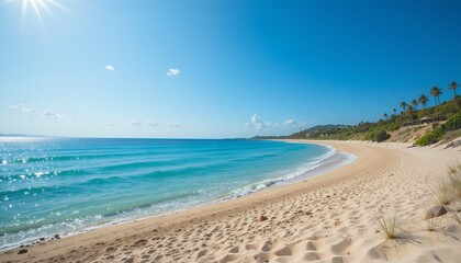 Fototapeta premium Sandy beach with clear turquoise water and palm trees under a bright blue sky