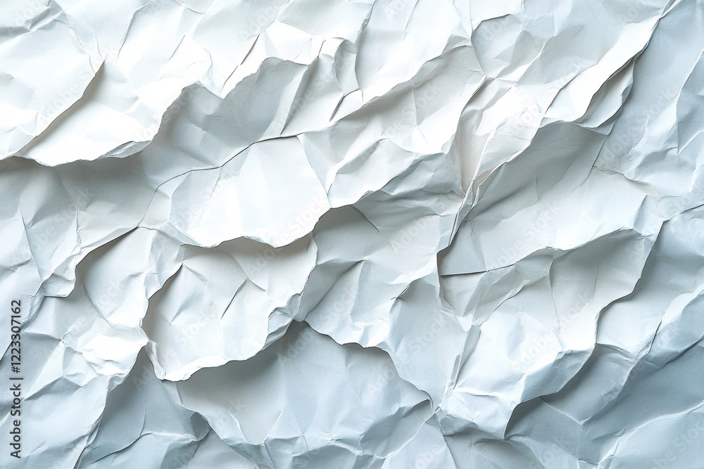 Poster Crumpled white paper sheets displayed flat on a clean surface showcasing unique texture and patterns in soft natural light