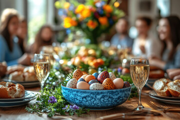 Happy family having Easter dinner together, table setting with traditional food and spring flowers for Easter celebration	
