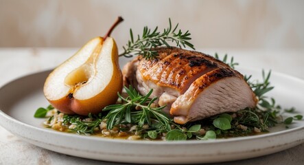 Deliciously Grilled Duck with pear and herbs