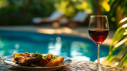 A glass of red wine is on a table next to a plate of food