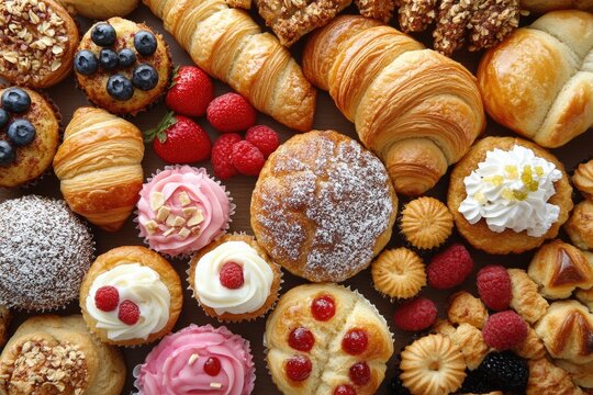 A flat - lay of assorted breakfast pastries including muffins, croissants, and Danish rolls