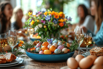 Happy family having Easter dinner together, table setting with traditional food and spring flowers for Easter celebration	
