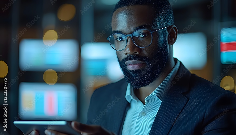 Poster thoughtful businessman analyzing data on tablet in modern office