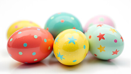 Obraz premium Brightly Colored Easter Eggs with Star Patterns Arranged on a White Surface, Perfect for Text or Seasonal Holiday Creative Designs with Copy Space
