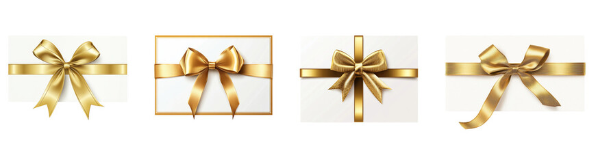 Four images showcase variations of gold satin ribbons tied into elegant bows adorning white gift cards.