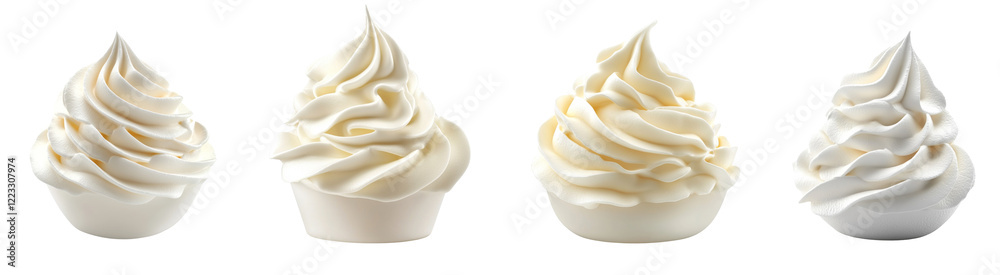 Poster the image shows four identical servings of creamy vanilla soft serve ice cream in individual cups ag