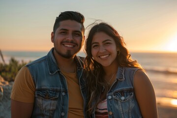 Portrait of a cheerful latino couple in their 20s wearing a rugged jean vest while standing against beautiful beach sunset