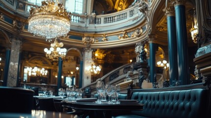 Obraz premium Elegant restaurant interior with gold detailing, chandeliers, and dark teal banquettes.