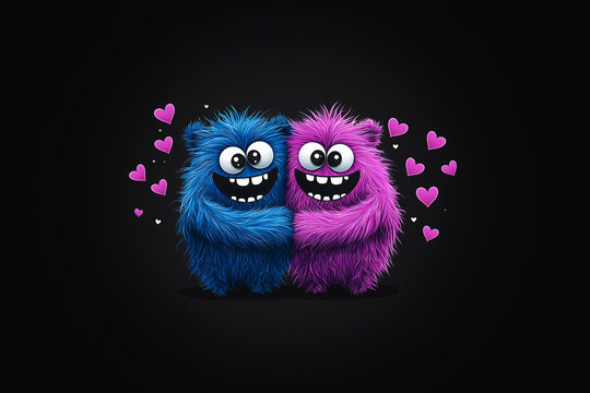 Pair of cute cartoon fluffy monsters hugging, surrounded by hearts on black background. International Hug Day, love, Valentine's
