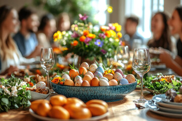 Happy family having Easter dinner together, table setting with traditional food and spring flowers for Easter celebration	
