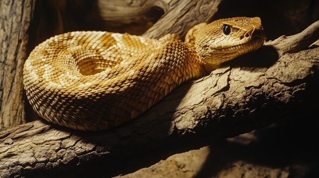 Close-up of a light brown rattlesnake coiled on a tree branch, low-light setting.