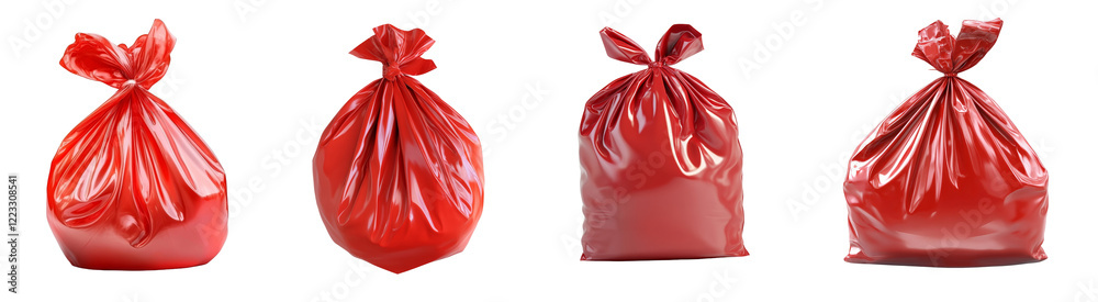 Aufkleber the image shows four variations of a red plastic bag, differing in how they are tied and presented a
