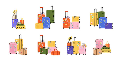 Luggage with stickers. Travel suitcase, journey baggage, handbag of passenger, bags and case, bright colorful traveling accessory. Doodle minimal trendy vector cartoon flat style isolated illustration