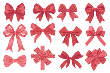Holiday red bow set in flat graphic design. Collection elements of shiny silk and satin tied bows with ribbons of wrapping gift box packing for Christmas or birthday celebration. Vector illustration.