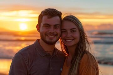Portrait of a cheerful couple in their 20s wearing a sporty polo shirt isolated on beautiful beach sunset