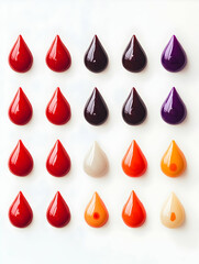 Colorful arrangement of varied blood drop shapes on a white background showcasing differences in hue and saturation