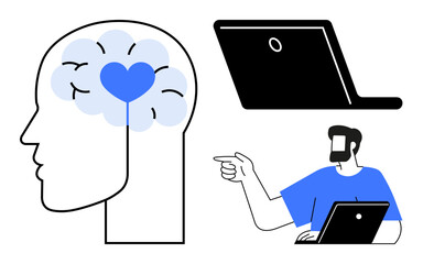 Man pointing and using laptop, side profile of head with heart in the brain. Ideal for emotional intelligence, mental health, technology, human connection, mindfulness, online communication