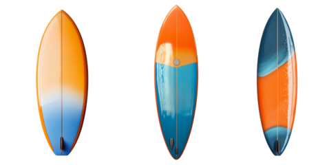 Three uniquely designed surfboards with orange and blue color schemes are shown against a black background.