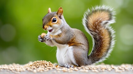 Obraz premium Adorable grey squirrel eating a nut, surrounded by seeds, against a blurred green background.