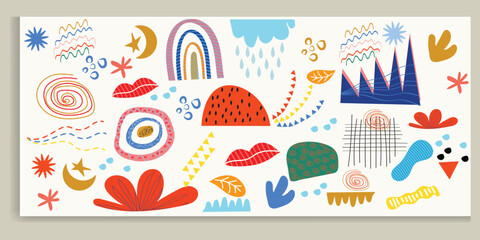 colorful line doodle seamless pattern. Creative minimalist style art background collection for children or trendy design with basic shapes