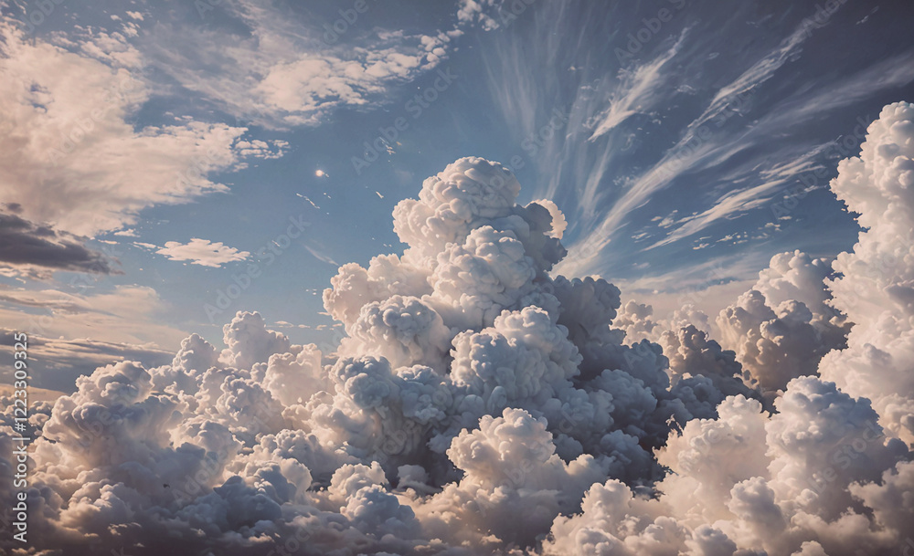 Poster The sky is filled with fluffy white clouds, creating a serene and peaceful atmosphere. The clouds are scattered throughout the sky, with some appearing larger and more prominent than others. Scene is