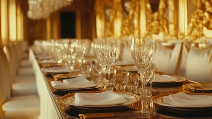 Fototapeta premium Luxurious long dining table set for formal event, featuring elegant tableware, glassware, and place settings in a golden opulent room.