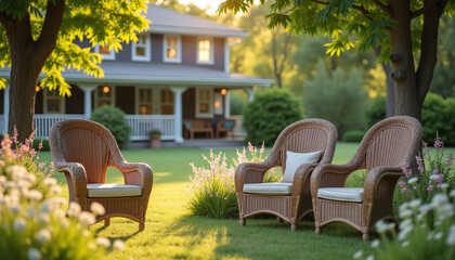 Fototapeta premium Outdoor lounge area with woven chairs