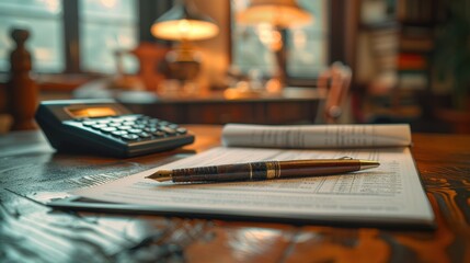 There is a pen and a calculator on a desk
