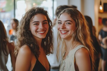 Friends smiling and enjoying a lively gathering in a vibrant social setting on a sunny day