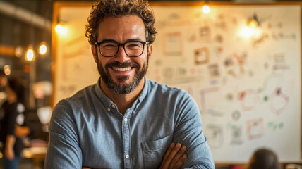 Fototapeta premium A smiling man with curly hair and glasses stands confidently in a casual setting, surrounded by creative sketches on a wall.