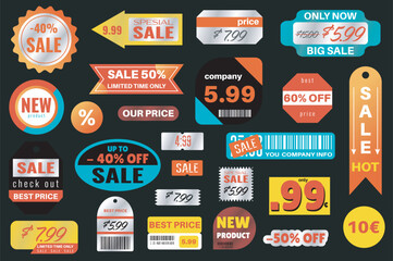 Sale stickers set in flat graphic design. Collection elements of different simple shopping promo labels with discount prices, special offers, limited product announcement, other. Vector illustration.