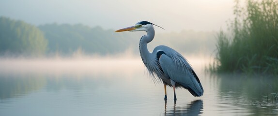 Naklejka premium Majestic Grey Heron Poised Elegantly by a Calm Lake at Dawn