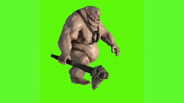 Green Screen Monster Fatman Walk Side Real Fur 3D Rendering Animation 4K.